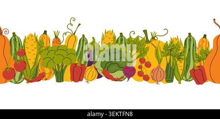 Seamless border with vegetables. Repeating pattern frame. Vector illustration for recipe card, farmers market, organic food pack Stock Vector