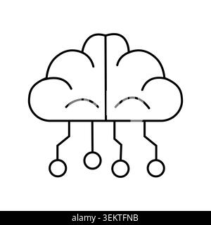 Cloud in shape of human brain with radiating circuit lines. Vector line art illustration for cloud intelligence concept, AI cloud Stock Vector