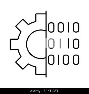 Symbol combining gear and binary code. Vector line illustration for industrial tech branding, software engineering concepts. Stock Vector