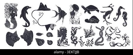 Black and white silhouette Ocean life and mermaid hand drawn vector illustration bundle. Sea animals and seaweed clipart big set Stock Vector