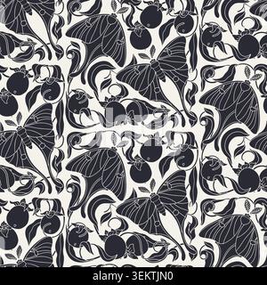Art Nouveau monochrome black and white seamless pattern with Luna moths and ripe persimmons silhouettes. Detailed botanical and insect vector Stock Vector