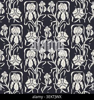 Art nouveau style hand drawn silhouette iris flowers seamless pattern Stock Vector