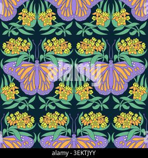 Orange and purple monarch butterfly and milkweed Art Nouveau seamless pattern on dark navy background. Detailed botanical and insect Stock Vector