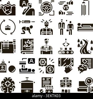 Collection of various glyph icons illustrating concepts and themes Stock Vector