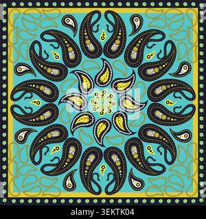 Intricate colorful teal and black scarf or bandana design with paisley mandala pattern. Indian vintage border vector Stock Vector