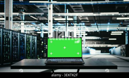 Isolated screen laptop in data center and augmented reality tech used to visualize hardware systems errors. Chroma key device in empty server room used to run diagnostics on wireframe mesh gear Stock Photo