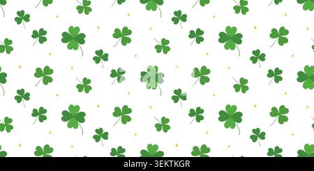 Seamless shamrock pattern with scattered green clovers in flat botanical style and festive mood. Suitable for textile print, wallpaper, wrapping paper, packaging and vector illustration backgrounds. Stock Vector