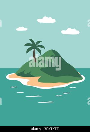 Minimal flat vector illustration of a tropical island surrounded by calm ocean waters, featuring lush greenery, sandy shores, and a peaceful coastal a Stock Vector