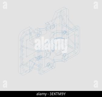 isometric wireframe view showing the blue outline paths of a 3D CAD mechanical housing component on a light gray background. Stock Photo