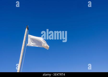 Blank white flag flying on a wooden pole against a clear blue sky with extensive copy space suitable for branding advertising design concepts and comm Stock Photo