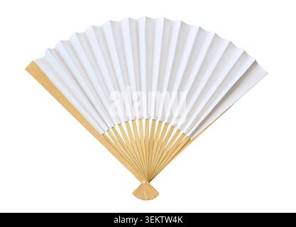 Traditional white folding hand fan with wooden ribs isolated on white background, featuring a blank surface suitable for custom designs, artwork, or d Stock Photo