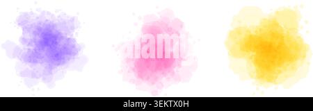 Purple pink yellow watercolor spot set. Liquid watercolour texture splash effects. Pastel color round ink or paint brush stroke shape elements. Soft wet color splatters, blobs, stains, drops. Vector Stock Vector