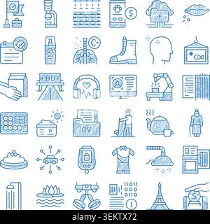 Blue doodle sketch icons collection on various concepts Stock Vector