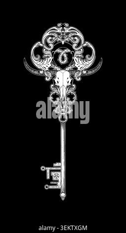 Detailed black and white vector illustration of a ceremonial key featuring a bull or ram skull as the bow, adorned with baroque scrollwork and a centr Stock Vector