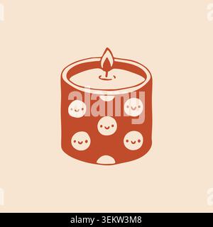 Hand drawn vector illustration of a cute burning jar candle with a whimsical pattern of smiling polka dots. Simple cartoon style candle for cozy home Stock Vector
