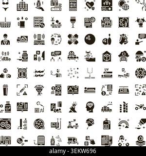 Black glyph icons collection illustrating various everyday concepts Stock Vector