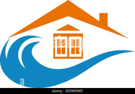 Modern house logo combined with ocean waves, representing coastal living, real estate services, and waterfront properties. Stock Vector