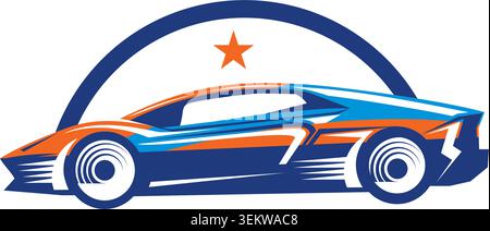 Stylized sports car logo featuring dynamic racing lines, bold colors, and speed-inspired design symbolizing performance and innovation. Stock Vector