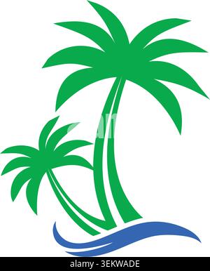 Stylized palm tree logo featuring tropical scenery and ocean waves, symbolizing relaxation, travel, nature, and coastal living. Stock Vector