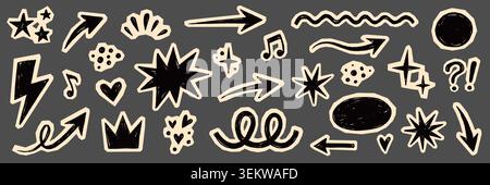 Paper collage scrapbook element set. Hand drawn paper collage sticker with doodle line heart arrow notebook texture. Cute grunge newspaper crown rock punk retro background. Vector illustration Stock Vector
