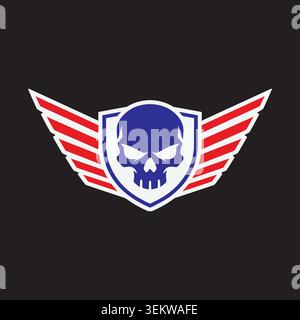 Bold winged skull emblem featuring a protective shield and aviation-inspired wings, symbolizing strength, power, authority, determination, and fearles Stock Vector