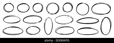 Hand line pencil brush oval set. Hand drawn line pencil brush sketch chalk marker pen oval highlight frame. Round doodle check frame circle arrow chalk graffiti texture. Vector illustration Stock Vector