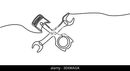 Minimalist Continuous Line Drawing of a Piston and Wrench Stock Vector