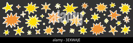 Star paper collage sticker set. Hand drawn star cutout doodle with grunge texture torn irregular edge. Gold yellow sparkle burst scrapbook cartoon cute retro background. Vector illustration Stock Vector