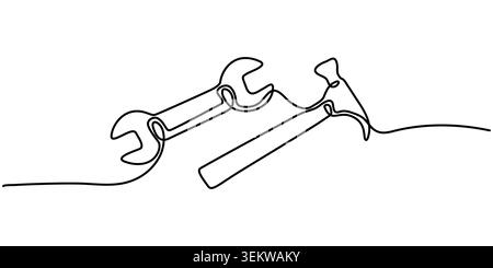 Minimalist Continuous Line Drawing of a Wrench and Hammer Stock Vector