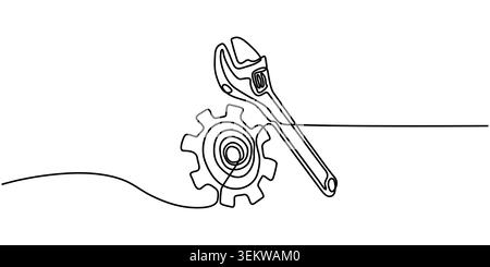 Minimalist Continuous Line Drawing of a Gear and Wrench Stock Vector
