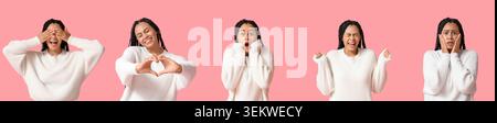 Collage of expressive young African woman in white sweater posing on pink background with hands over eyes, heart gesture, surprised face, cheering emo Stock Photo