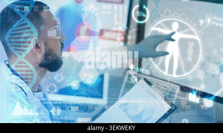 male doctor using augmented reality interface for digital healthcare analysis with human body scan, dna helix, medical data dashboard and futuristic h Stock Photo