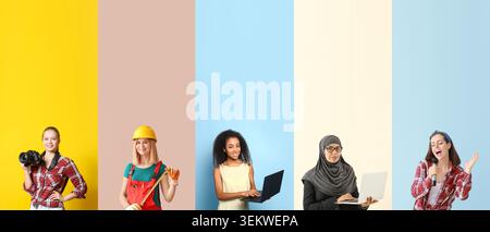 Diverse women in different professions and hobbies collage with photographer, construction worker, freelancer using laptop, Muslim businesswoman and s Stock Photo