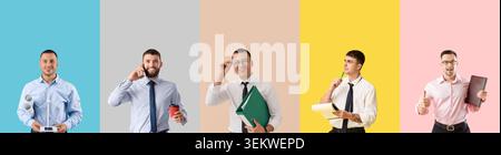 Group portrait collage of smiling young business men with office supplies, documents, coffee cup, model wind turbine and folder on colorful studio bac Stock Photo