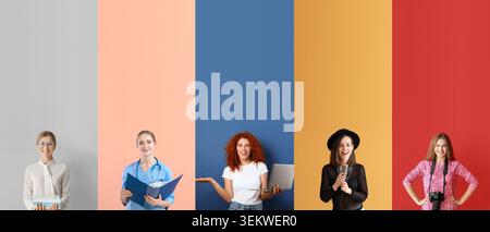 Group portrait collage of diverse young women in different professions and hobbies standing over colorful studio backgrounds, businesswoman with books Stock Photo