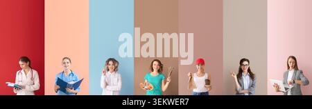 Group portrait collage of diverse professional women standing on colorful backgrounds, doctor, nurse, teacher, artist, courier, office worker and busi Stock Photo