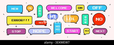 Retro pixel art. Colorful pixelated frame and 8 bit. Game style chat balloon or dialog box. Vector geometric set for quote or saying bubble Stock Vector