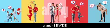 collage of happy young couples celebrating valentine's day with gifts, balloons, flowers, smartphone, laptop and romantic kiss on colorful backgrounds Stock Photo