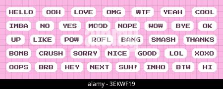 Pixel dialogue box. Set from y2k collection for pixelated frame. 8 bit message balloon. Vector geometric text box. Game style chat or different Stock Vector