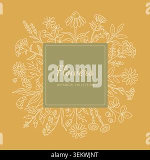 Elegant Botanical Line Art Frame with Diverse Wildflowers and Herbs Stock Vector