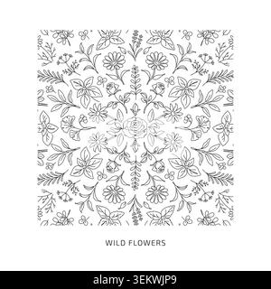 Wildflower Botanical Line Art Seamless Pattern with Delicate Herbs and Leaves Stock Vector