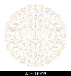 Delicate Botanical Mandala Pattern with Outline Flowers and Leaves Stock Vector