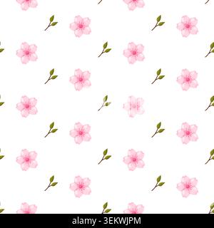 Seamless repeat pattern with pink cherry blossom flowers and small green branch buds alternating on white background, minimal floral illustration for Stock Vector