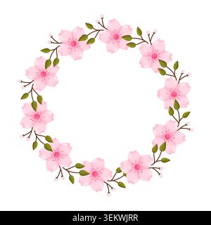 Round floral wreath made of pink cherry blossom flowers with green leaves and small buds on brown branches, isolated on white background, elegant spri Stock Vector