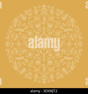 Elegant Botanical Mandala Pattern with White Outline Flowers and Herbs on Yellow Stock Vector