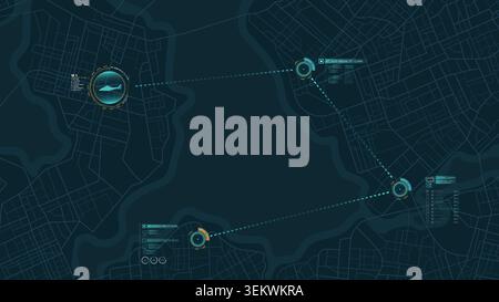 Location tracker dashboard with data of arrive time helicopter. City street road with marks on map with helicopter flight. Street roads and location Stock Vector