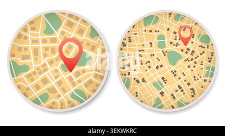 Set of maps abstract background with markers. Map with red point. Local street gps navigate. Vector illustration on white background Stock Vector