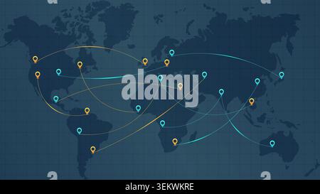 Travel all over the world. Map of the world with various countries and cities marked with blue and yellow pins. Lines represent relocate around the Stock Vector