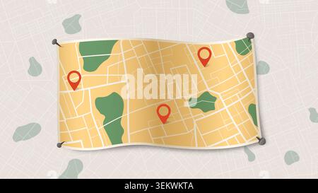 Paper map with red points. Local street gps navigation. Abstract navigation plan of small urban area. Simple scheme on paper with pins. Vector Stock Vector