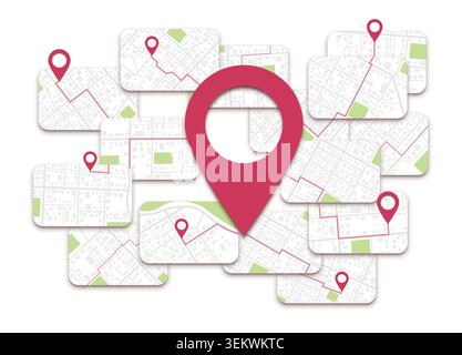 Navigation system showing a tracking navigation in progress in the streets on app screen. Choose route and location with GPS map app. Vector Stock Vector